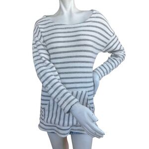 Soft Surroundings Cream & Black Striped Pullover Baja Sweater Buttons Size Small